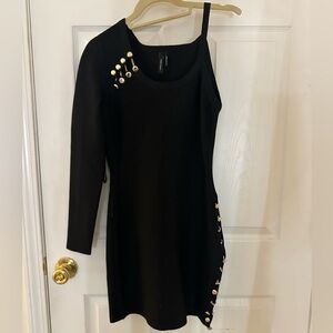 Marciano Black Asymmetrical One-Shoulder Dress with Gold Studs